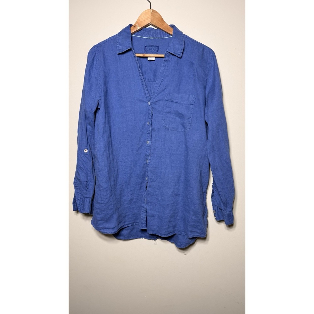 Sigrid Olsen Shirt Womens Large Blue 100% Linen Button Front Tunic Roll Tab